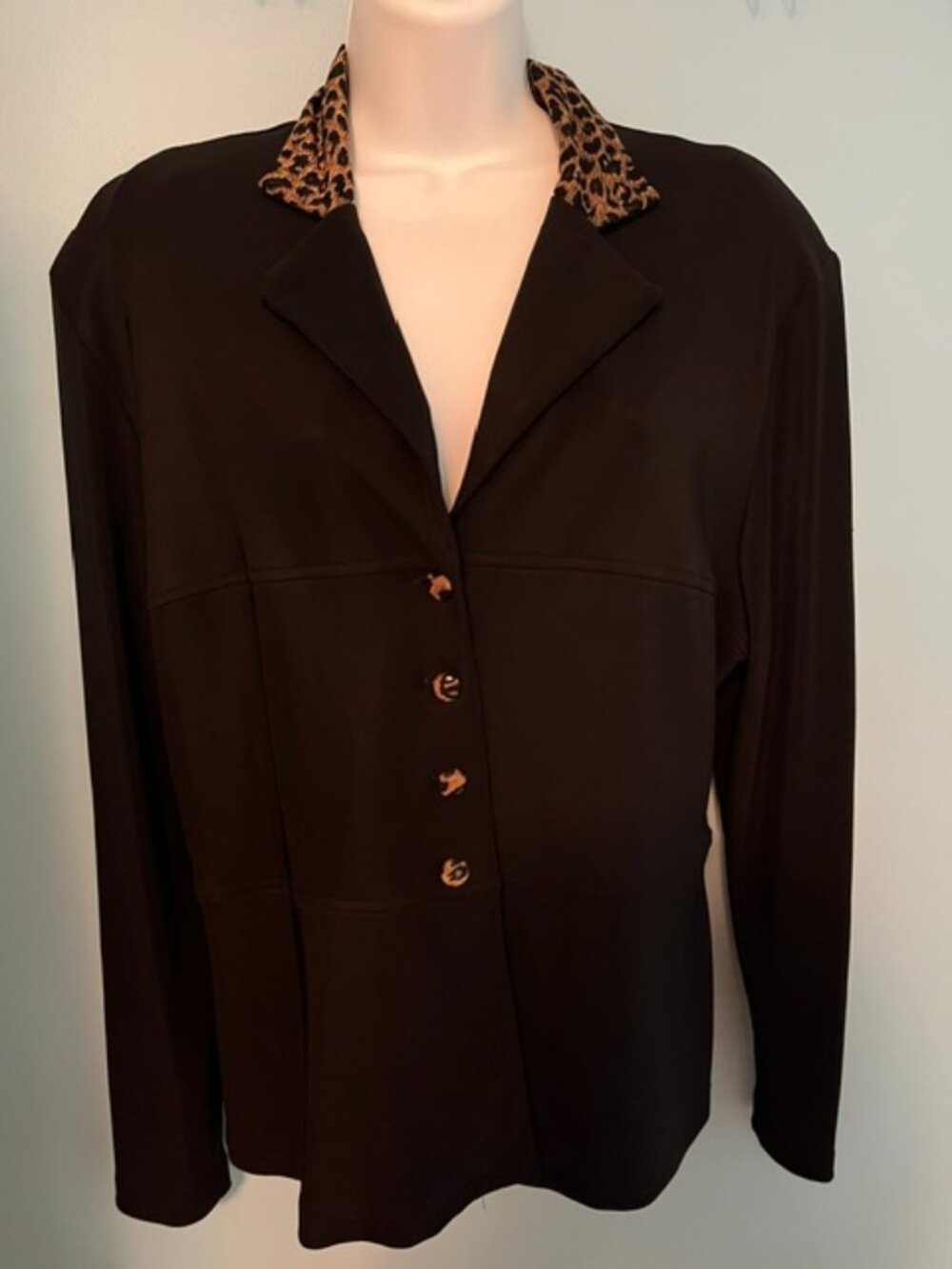 Vintage Spice Black Jacket with Leopard Collar and Buttons, Size 14